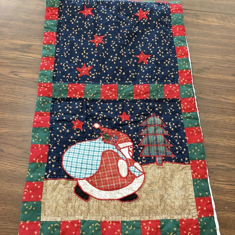 Vintage Handmade Christmas Santa Patchwork Quilted Celestial Table Runner Folk